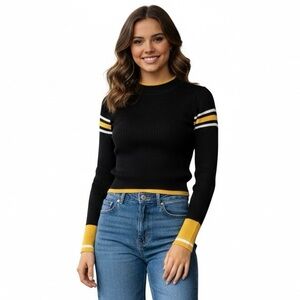 NWT TopShop Black Knit Long Sleeve Top Sweater Yellow White Stripes 4 S